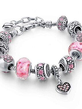 Pink Hearts Silver Plated Charm Bracelet Set,